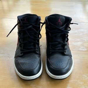 Jordan Black and Red Mid-Top Sneakers with White Sole